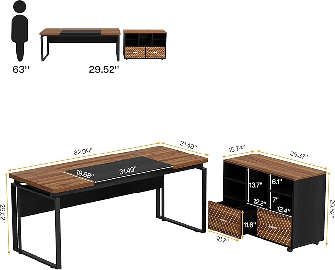 Tribesigns L-Shaped Executive Desk with Reversible File Cabinet, 63" Office Desk with Storage Drawers, L-Shaped Computer Desk with Drawer Cabinet for Hanging Letter Size Files (Walnut & Black)