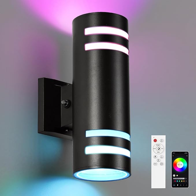 RGB Up and Down Lights Outdoor Wall Lights 1 Pack, Smart Color Changing Outdoor Wall Sconce WiFi Voice & App Control,Aluminum Waterproof Exterior Lights for Porch Compatible with Alexa