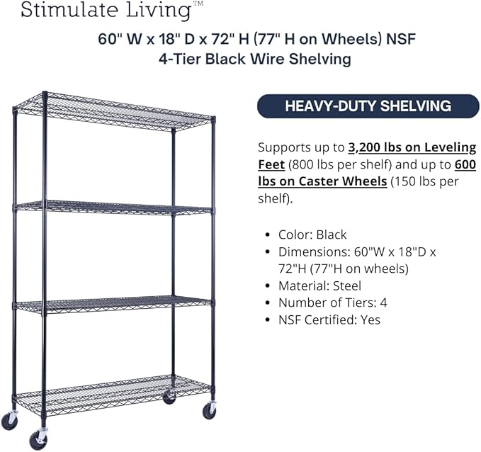 60"x18"x72" Prime Heavy Duty Black 4-Tier Wire Shelving NSF 3200 LBS MAX Capacity Storage Rack for Commercial, Hospital, School, Garage, and Kitchen Uses (with Wheels)