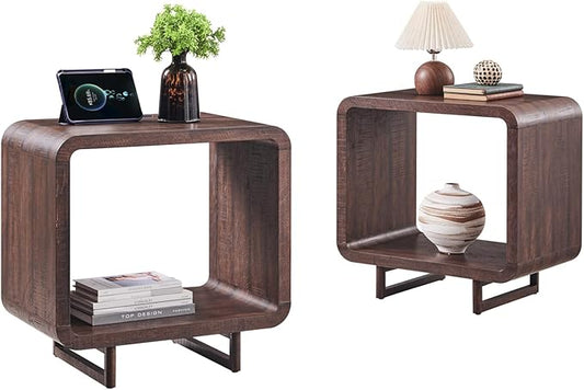 23.6" Modern End Table Set of 2, 2 Tier Side Table with Charging Station, Simple Bedside Table with Open Storage Shelf, Outlet, Wooden Nightstand for Bedroom, Living Room, Study, Brown