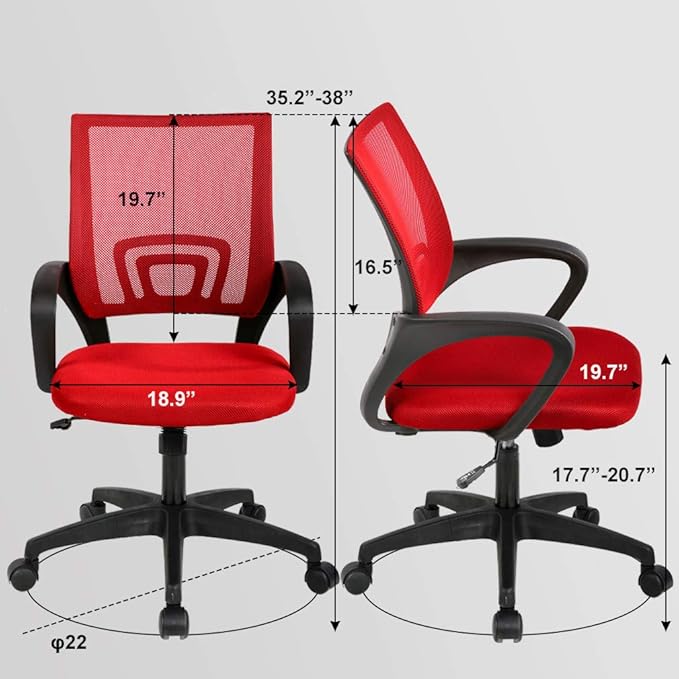 BestOffice | Ergonomic Office Chair | Mid-Back Swivel Desk Chair | Breathable Backrest & Lumbar Support | Adjustable Height | Sponge Seat | Rolling Wheels | Red | for Adults & Women