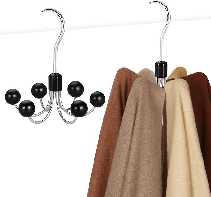 TOPIA HANGER Hoodie Hangers 2-Pack with 6 Wood Balls, 360°Swivel Purse Hanger, Scarf Hanger, Closet Hooks, Handbag Organizer, Bra Hanger, Accessory Organizers for Scarf, Tanktop, Hat, Hoodie CT43B