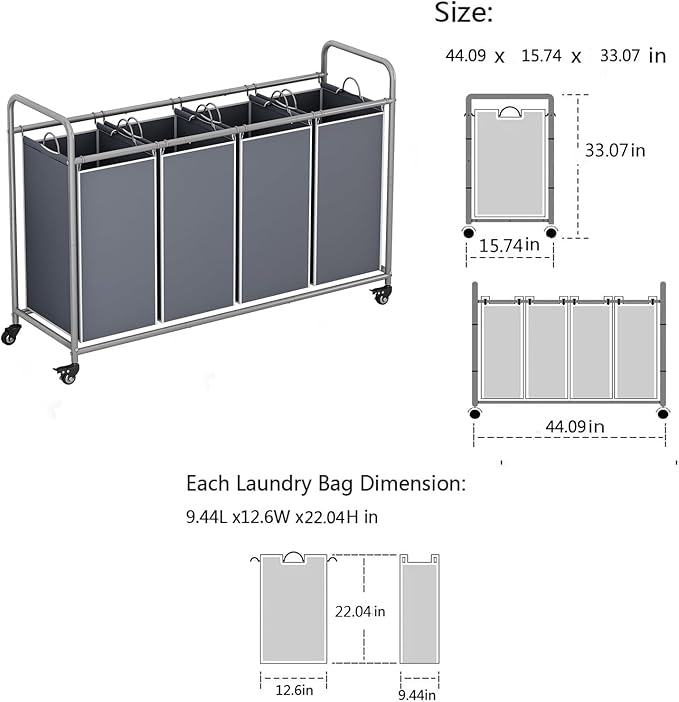 Laundry Sorter 4 Section Hamper Sorter with Heavy Duty Lockable Rolling Wheels Removable Bags Basket Separator for Dirty Clothes Storage, Grey