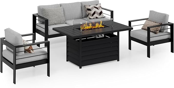 Wisteria Lane Aluminum Patio Furniture Set, 5 Seats Metal Outdoor Furniture Set with CSA Certified 54in Propane Gas Fire Pit Table, Patio Conversation Set with 5in Olefin Cover Cushions, Light Grey