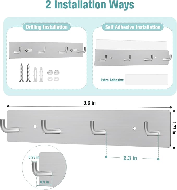 RELBRO Key Holder Wall Mount, Large Metal Self Adhesive Key Rack with 4 Hooks, 2 Installation Options, Silver