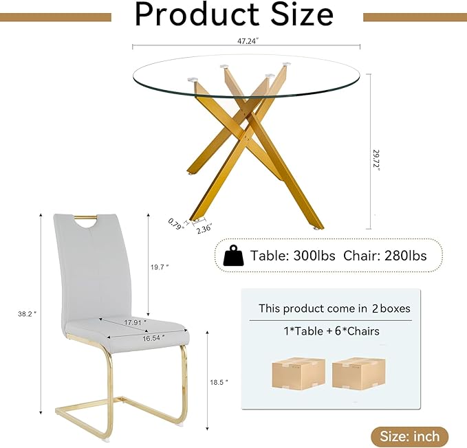 Goujxcy Round Dining Table Set for 6, Modern Glass Kitchen Table and Chairs Set of 6, 7 Piece Dining Room Table Set with 47" Circle Gold Metal Glass Dinner Table and 6 Grey Leather Dining Chairs