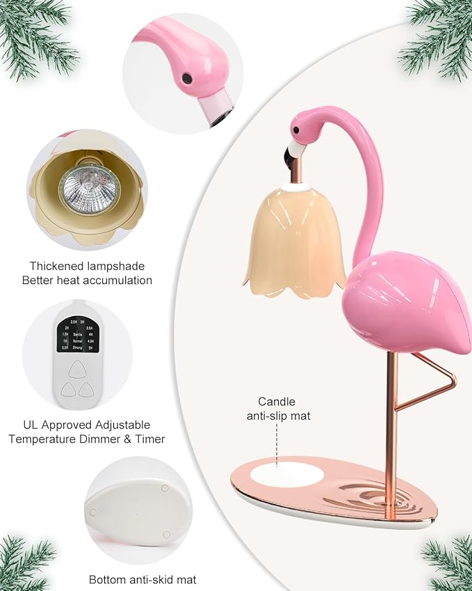CODOGOY Fragrance Candle Warmer Flamingo Lamp with Timer, Dimmable, Halogen, Polished, Pink, for Home Decor 6.69 x11 x15.35 in