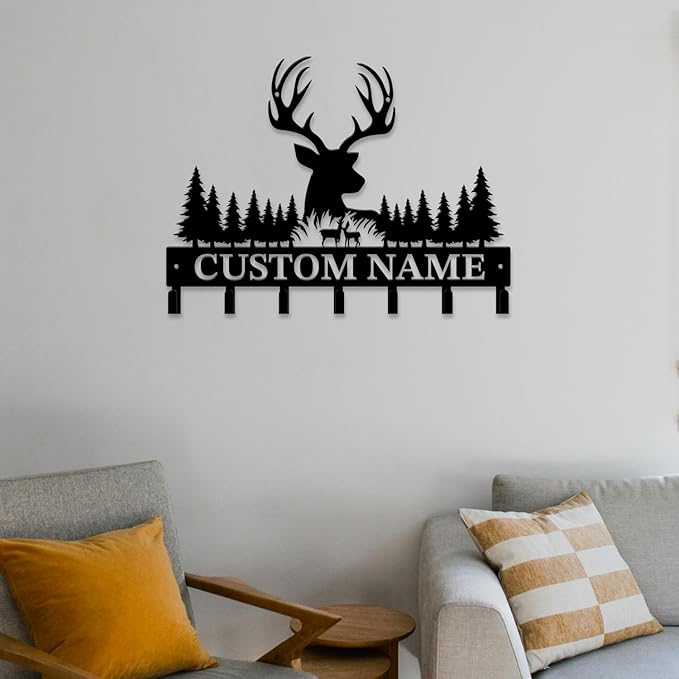 Personalized Custom Name Forest Deer Wall Keys Hooks,Metal Forest Deer Art Clothes Hooks,Metal Forest Deer Wall Home Storage Decorative,For Front Door, Hallway, Kitchen, Bedroom,Keys,Hats (Style A)