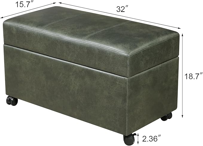 Joveco 32" Faux Suede Storage Ottoman Bench with Wheel, Rectangle Foot Rest Stool for Living Room, Bedroom, Entryway,Moss Green