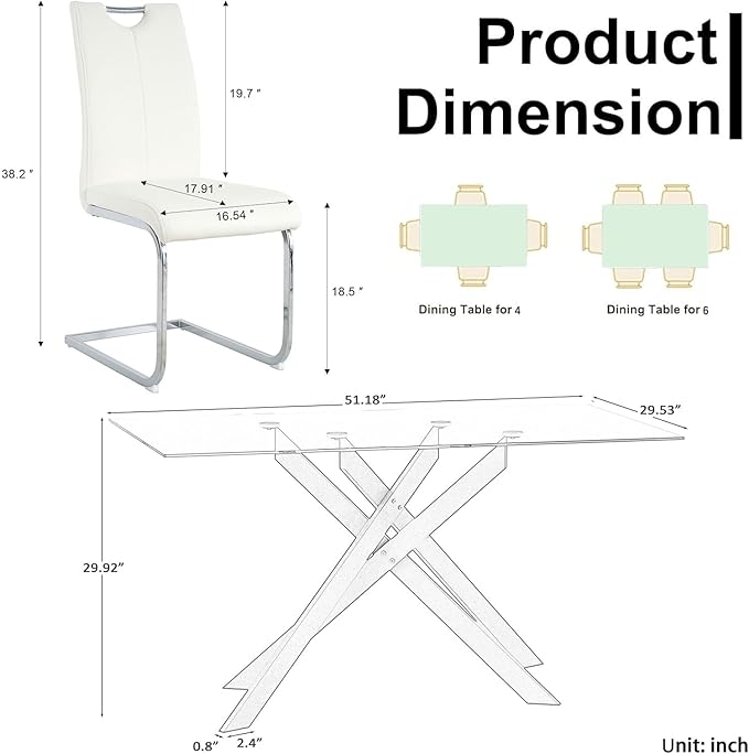 Goujxcy Modern Glass Dining Table Set for 6, Black Glass Kitchen Table and Chairs Set, 7 Piece Dining Room Table Set with 51" Rectangle Dinner Table and 6 White Leather Dining Chairs