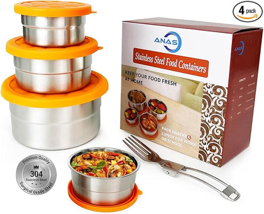 Anas Metal Food Storage Containers with Lids - Stainless Steel, Compact Stackable, Leak Proof, Dishwasher Safe and Microwavable for Lunch, Work, School Travel, Bento Box (4)