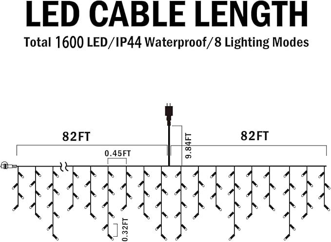 Hezbjiti Christmas Lights - Outdoor Decorations, LED Fairy String Curtain Lights with 75 Drops, 8 Modes, 1600LED, 164FT for Christmas Decor (Red, Green, Cold)