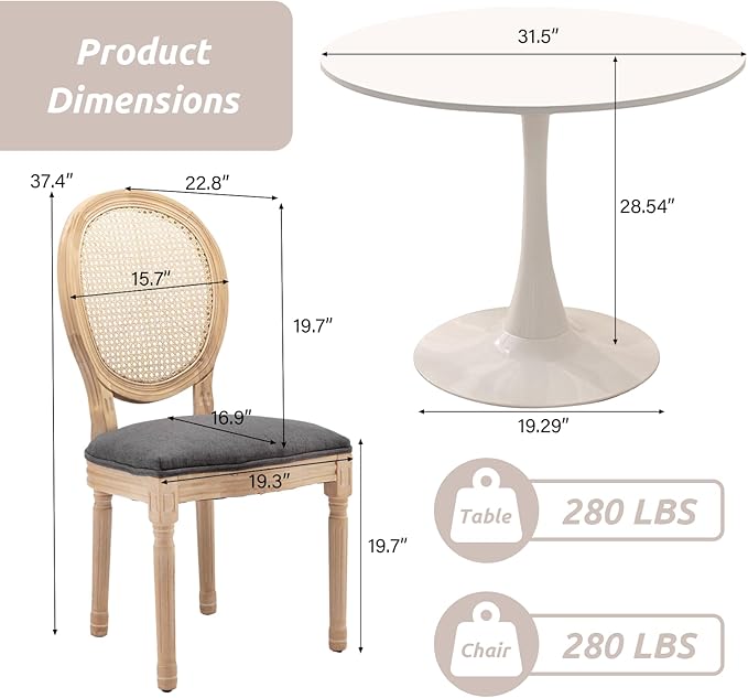 SoarFlash Kitchen Table and Chairs for 2, 31.5" Dining Table Set for 2 with French Dining Chairs, 3 Piece Round Kitchen Table Set, Dining Room Table Set for Small Space, Apartment