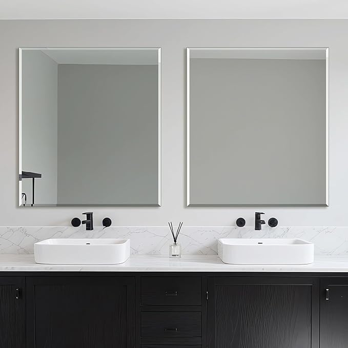 Ruomeng Frameless Mirror for Wall, 40x36 Inch Bathroom Vanity Mirror Farmhouse, Large Rectangle Mirror with Beveled Edge, Tempered Glass, Hangs Horizontally or Vertically