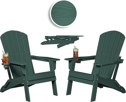 Plawdlik Folding Adirondack Chair, SGS Tested, Wooden Textured with Cup Holder, Heavy All-Weather HDPE Comfortable Set Poolside Backyard Lawn Green Set 2