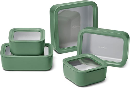Caraway 13pc Glass Food Storage Container Set - Easy to Store, Non Toxic Lunch Box - with Glass Lids - Includes Storage Organizer - Sage
