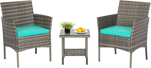 FDW | 3-Piece Patio Furniture Set | Gray & Blue | Outdoor Wicker Furniture with Coffee Table | Modern Rattan Chairs Conversation Set | Outdoor Seating | Weather-Resistant | for Porch, Garden, Lawn