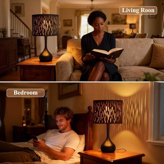 ONEWISH Touch Bedside Lamp for Bedroom, 3-Way Dimmable Table Lamps for Nightstand, Black Cutout Shade with Gold Lining Desk Lamp for Living Room, End Tables, LED Bulb Included