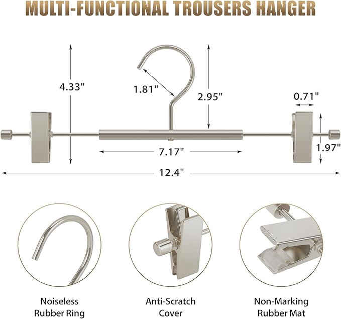 VWV 20-Pack Adjustable Women's Skirt and Pants Hangers, Durable, Space-Saving, Suitable for Jeans, Shorts, Underwear, Sports Bras (Matte Pearl Nickel