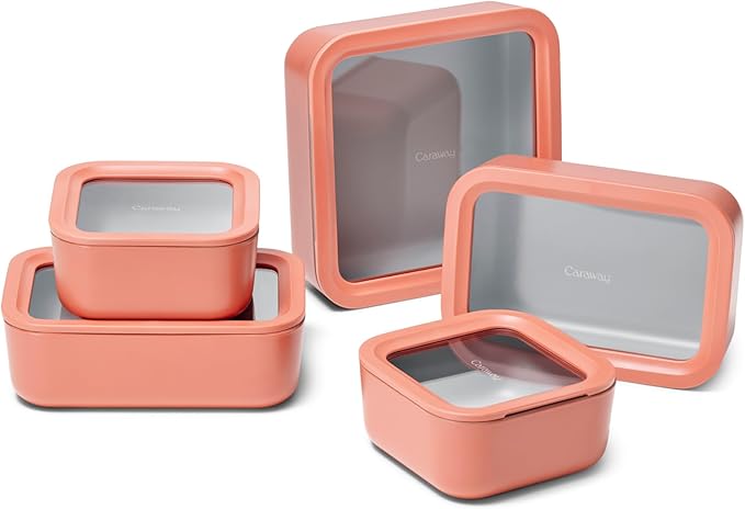 Caraway 13pc Glass Food Storage Container Set - Easy to Store, Non Toxic Lunch Box - with Glass Lids - Includes Storage Organizer - Perracotta