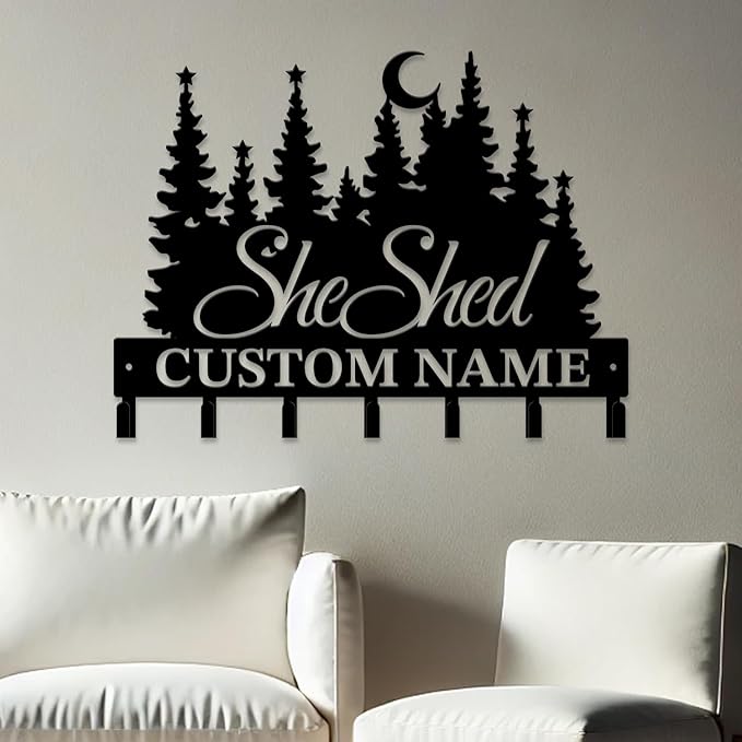 Personalized She Shed Keys Hooks,Custom Name Metal She Shed Art Keys Hooks,Metal She Shed Lover Wall Home Storage Decorative Keys Hooks,Key Holder Hooks for Wall (Style I)