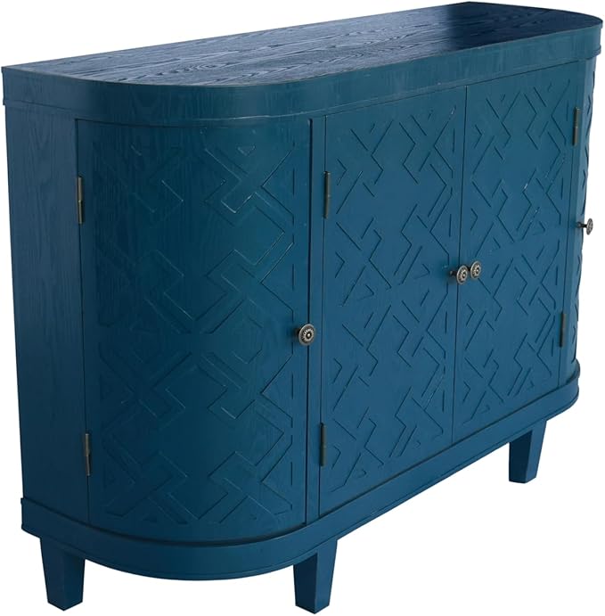 KEIKI 47'' Modern 4-Doors Buffet Sideboard with Storage,Wood Fluted Accent Cabinet with Curvy Edge, Oval Freestanding Credenza Entryway Console Table for Living Room, Hallway, Dining Room,Kitchen,Blue