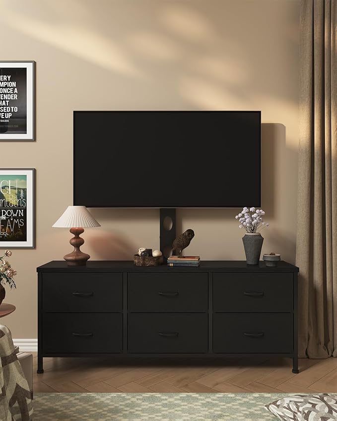TV Stand with Mount, Fabric Dresser with 6 Drawers for 32/45/55/60/65/75 inch TVs, Black Dresser Entertainment Center, Modern Media TV Console Table