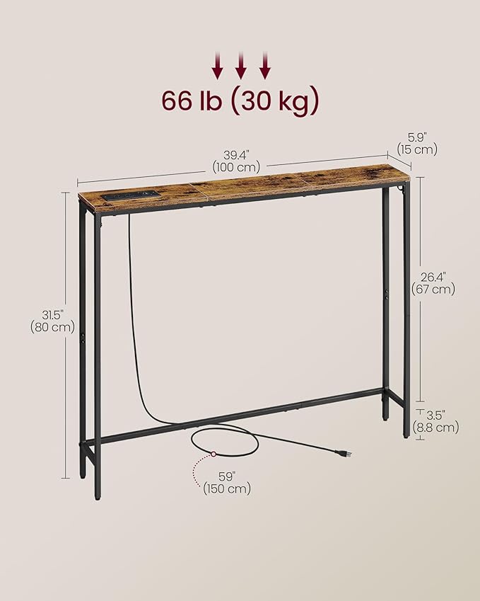 VASAGLE Console Table with Power Outlet, Slim Behind Couch Sofa Table, 5.9 x 39.4 x 31.5 Inches, 1 Hook, Easy Assembly, for Entryway, Living Room, Rustic Brown and Ink Black ULNT079K01