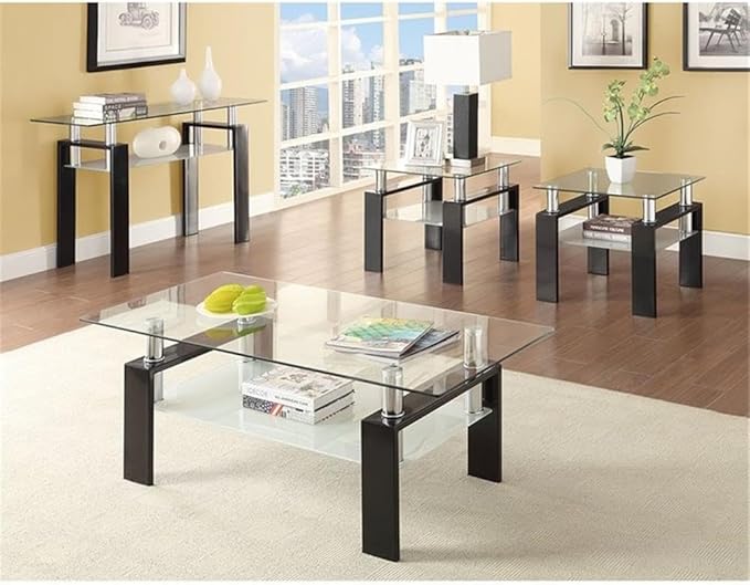 BOWERY HILL End Table Coffee Accent Table, Square, Modern, Indoor with 1 Shelf in Glass Top and Metal, Black