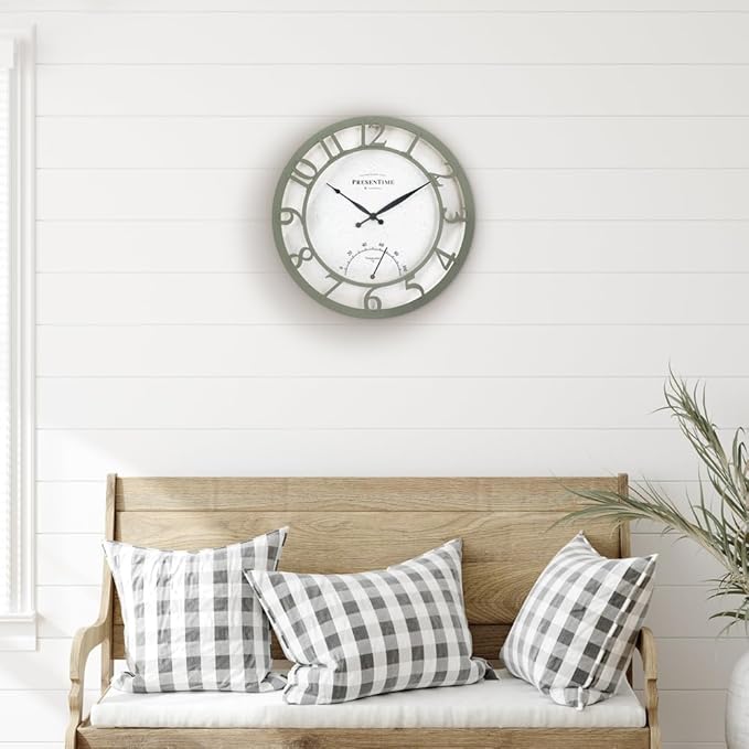 Presentime & Co 13" Farmhouse Outdoor Wall Clock w/Outdoor Thermometer, Modern Style, Raised 3D Arabic Numerals, Olive/Sage Green Finish (Wall Clock for Patio, Cottage, Poolside, Garden Spaces)