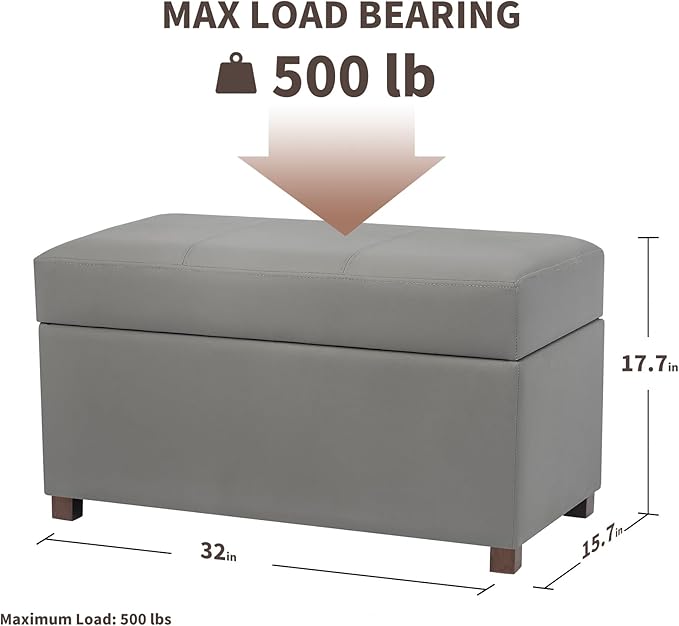 Joveco 32" Leather Storage Ottoman Bench, Rectangle Foot Rest Stool for Living Room, Bedroom, Entryway, Grey