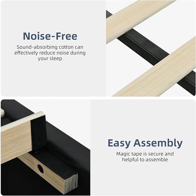 Full Size Bed Frame with LED Lights, Faux Leather Upholstered Platform Bed with Headboard and Wooden Slats Support, No Box Spring Needed, Noise-Free, Easy Assembly, Black