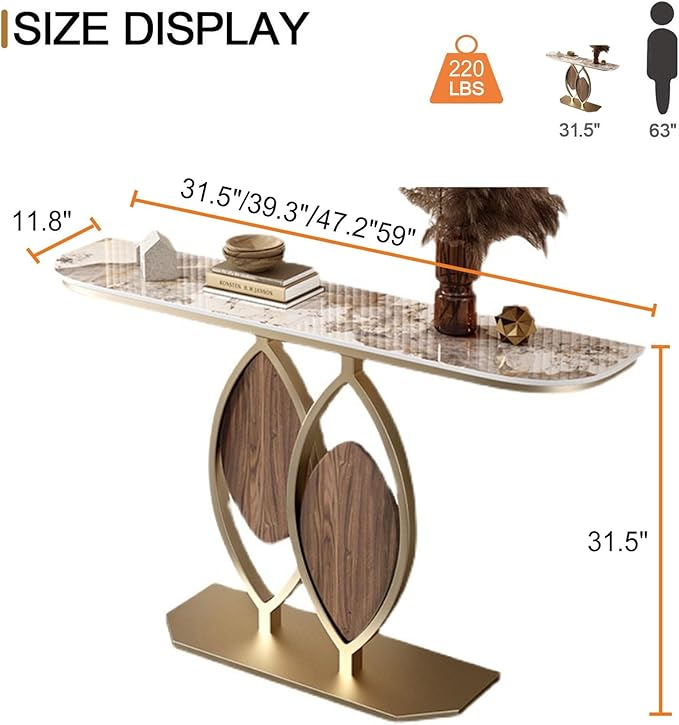 Stone Console Table Gold for Entryway, Modern Foyer Table Sofa Tables Narrow Long Stone Top for Living Room, Hallway Decor, Creative Styling(White,47.2"x11.8"x31.5")