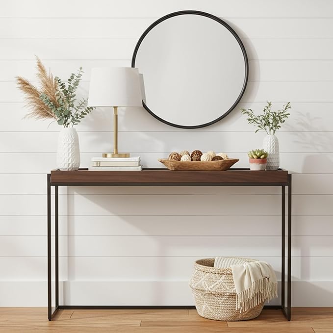 Narrow Console Table Solid Wood, Slim Entryway Table with Storage Groove, Farmhouse Small Sofa Table Behind Couch for Hallway, Living Room, Foyer(Brown 11.8" W,47.2" Lx31.5 H)