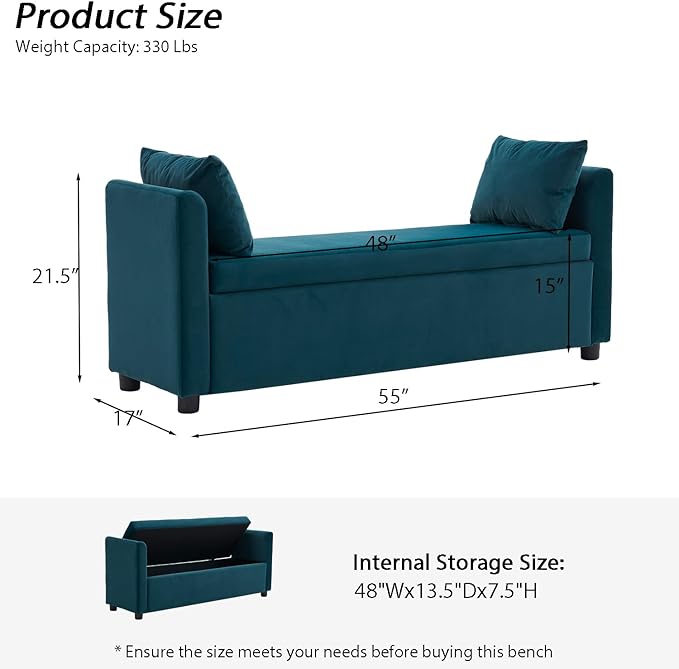 Velvet Storage Bench for Bedroom, 55" End of Bed Bench for King Size Bed, Modern Upholstered Long Ottoman Bench with Arms and 2 Pillows for Living Room/Entryway (Teal/Blue-Green)