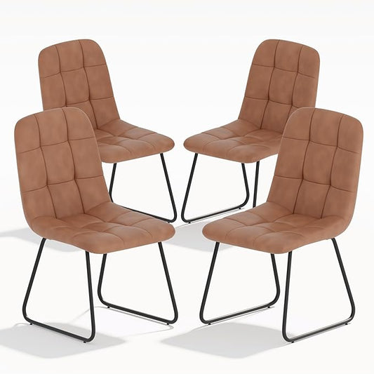 Faux Leather Dining Chairs Set of 4, Modern Upholstered Kitchen Chairs with Curved Backrest and Metal Legs, PU Leather Dining Room Chairs for Kitchen Living Dining Room Set of 4 Brown