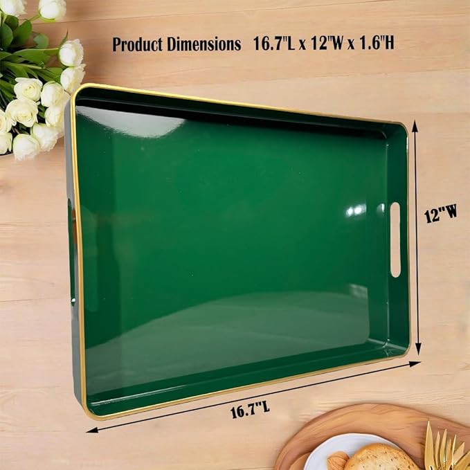 Large Green Tray, Elegant Plastic Coffee Table Tray for Ottoman, Home Decor, Living Room.16.7"*12"*1.6"
