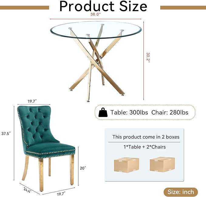 Goujxcy 3 Piece Round Glass Dining Table Set for 2, 36" Round Dining Table & Chair Set Modern Circle Glass Kitchen Table and 2 Velvet Upholstered Chairs for Kitchen Dining (Gold Table & Green Chair)