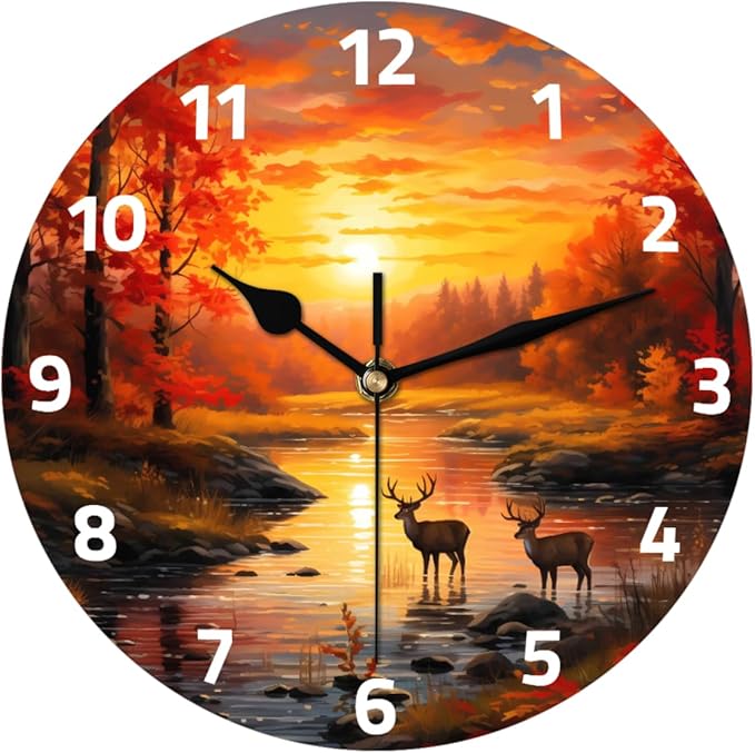 Forest River Sunset Deer Wall Clock Battery Operated 10 in Round Wall Clocks Slilent Non Ticking Quartz Analog Clock for Bedroom Kids Living Room Classroom Decor