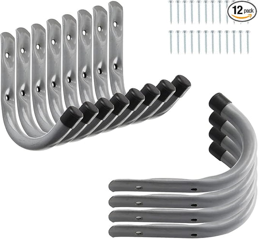 HOME MASTER HARDWARE 12 Pack 4-Inch Heavy Duty Garage Storage Wall Hooks, Steel J Utility Hooks for Hanging Ladders, Tools, Bikes, Grey