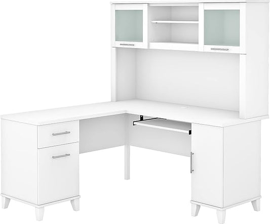 Bush Furniture Somerset 60W L Shaped Desk with Hutch in White