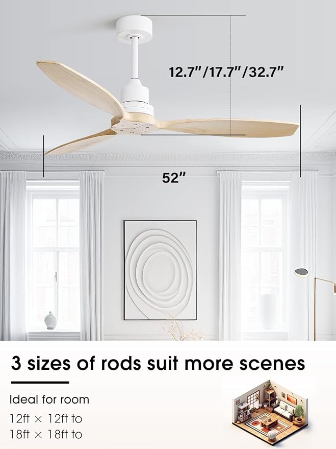 Sofucor Ceiling Fan no Lights, 52 Inch Modern Wood Ceiling Fan with Remote, 3 Wooden Blades and 3 White Downrods, for Indoor Bedroom Living Room Outdoor Patio Porch, Reversible DC Motor, Quiet