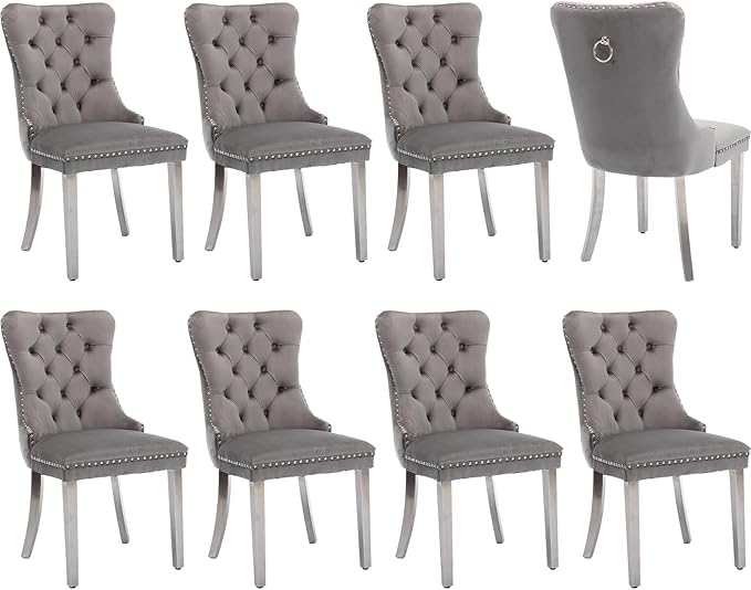 Luxury Upholstered Dining Chairs Set of 8, Grey Kitchen Chair with Silver Metal Legs, Velvet Tufted Back Dining Chair, Sillas de Comedor, Modern Kitchen & Dining Room Chairs (Gray, 8 Pcs)