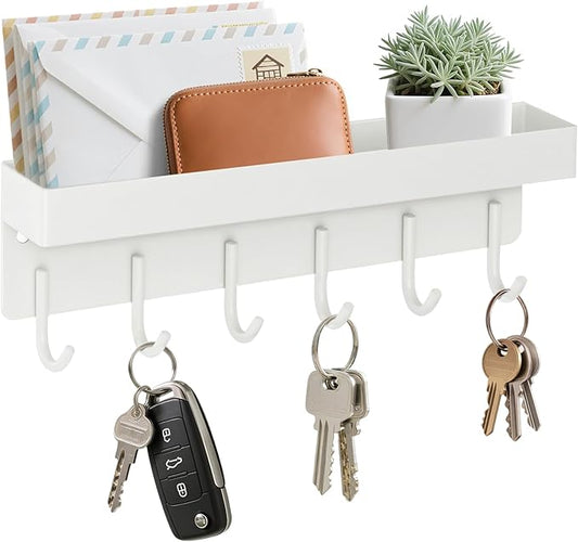 Magnetic Key Holder Wall Mount, Small Metal Key Rack with Tray, 9.6 Inch, 6 Hooks, 2 Installation Options, White