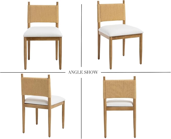 CIMOTA Modern Dining Chairs Set of 4, Mid Century Upholstered Dining Room Chairs with Woven Back, Armless Kitchen Chairs with Natural Solid Wood Legs, Linen Beige