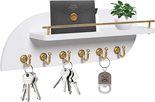 Key Holder for Wall, Decorative Key and Mail Organizer with 6 Sturdy Metal Hooks and Floating Shelf, 14 Inches Wood Wall Mounted Key Rack for Entryway, White and Gold