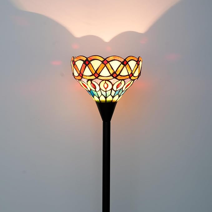 Tiffany Floor Lamp Torchiere Antique Stained Glass Lamp Yellow Peacock Tail Style Standing Light Tall Uplight Lamp for Home Decorating Reading Working
