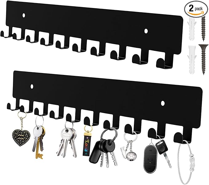 2 Pack Key Holder Wall Mount with 10 Hooks & Includes Screws, Car Key Holder for Wall, Kitchen Hooks, Keys Holders for Entryway, Hallway, Living Room (Black)