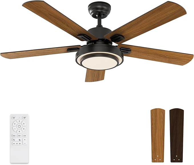 warmiplanet Indoor Ceiling Fans with Lights and Remote Control, 52 Inch, 6 Speeds Reversible DC Motor, 3 Color Dimmable Light, Timer, Noiseless, Black/Dark Walnut, 5-Blades
