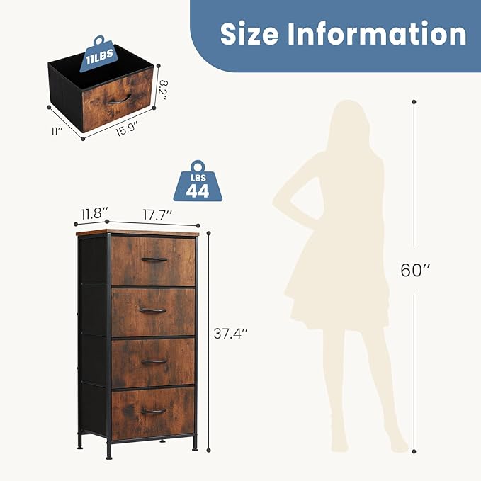 DUMOS Nightstand with 4 Drawers Bedside Table with Removable Fabric Bins Sturdy Steel Frame Wood Top Organizer Furniture for Bedroom Closet Living Room